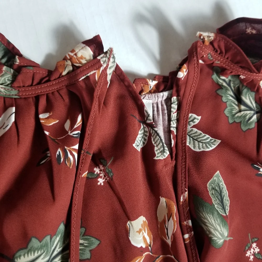 LOFT BOHO LEAF BLOUSE BURNT RED GREEN ORANGE SIZE MEDIUM - Picture 8 of 11